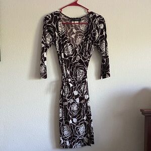 Lands' End Brown and White Floral Wrap-Style Dress